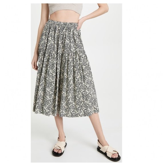 Enza Costa Black Floral Cotton Tiered Skirt